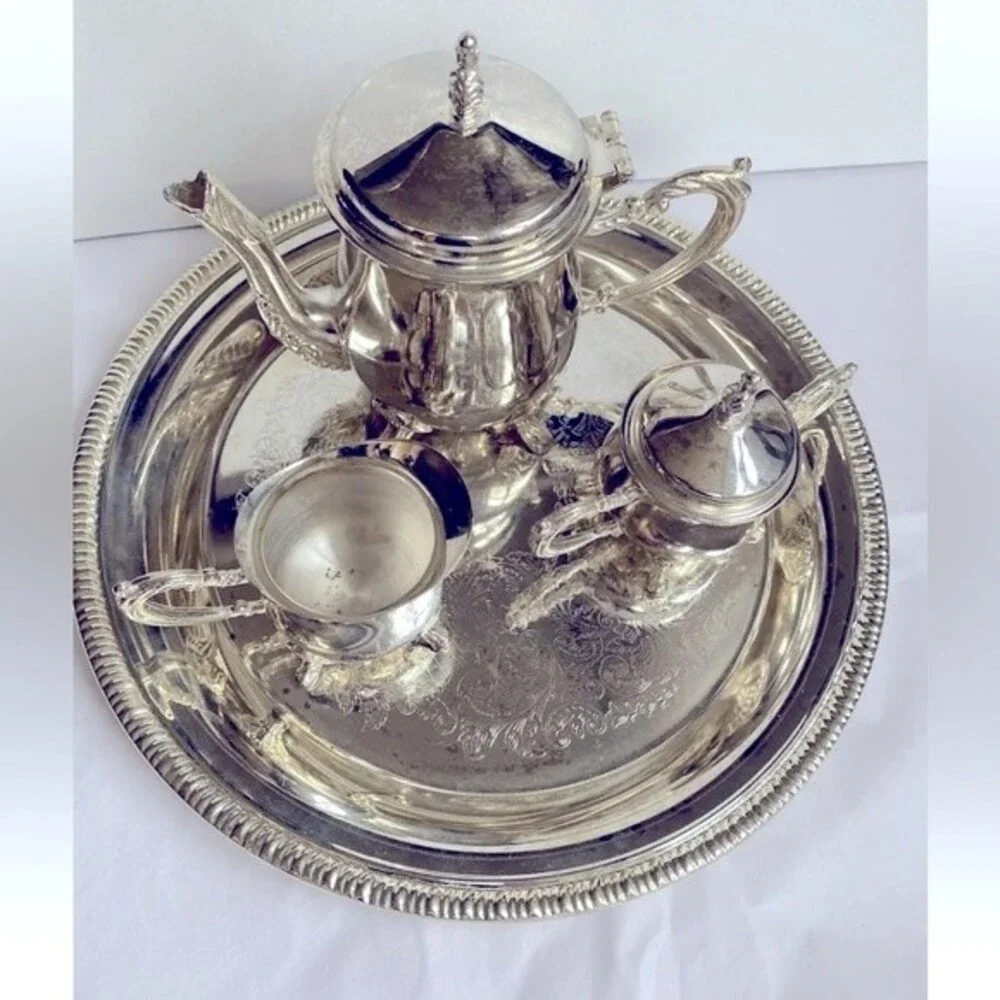 VTG Silver Plate Small 4 piece Coffee Set Teapot Creamer Sugar Bowls & Tray